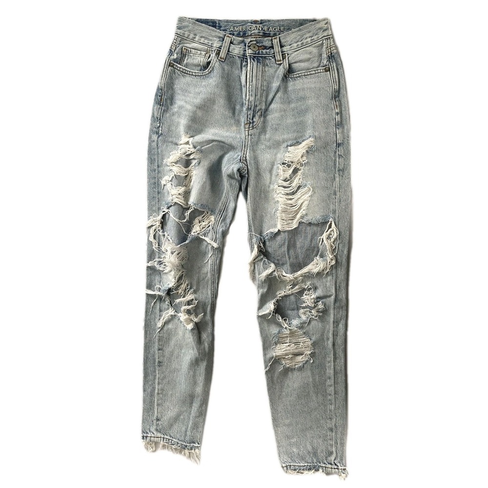 American Eagle Jeans Womens Sz: 0 (25"W) Light Wash High Rise Distressed Ripped